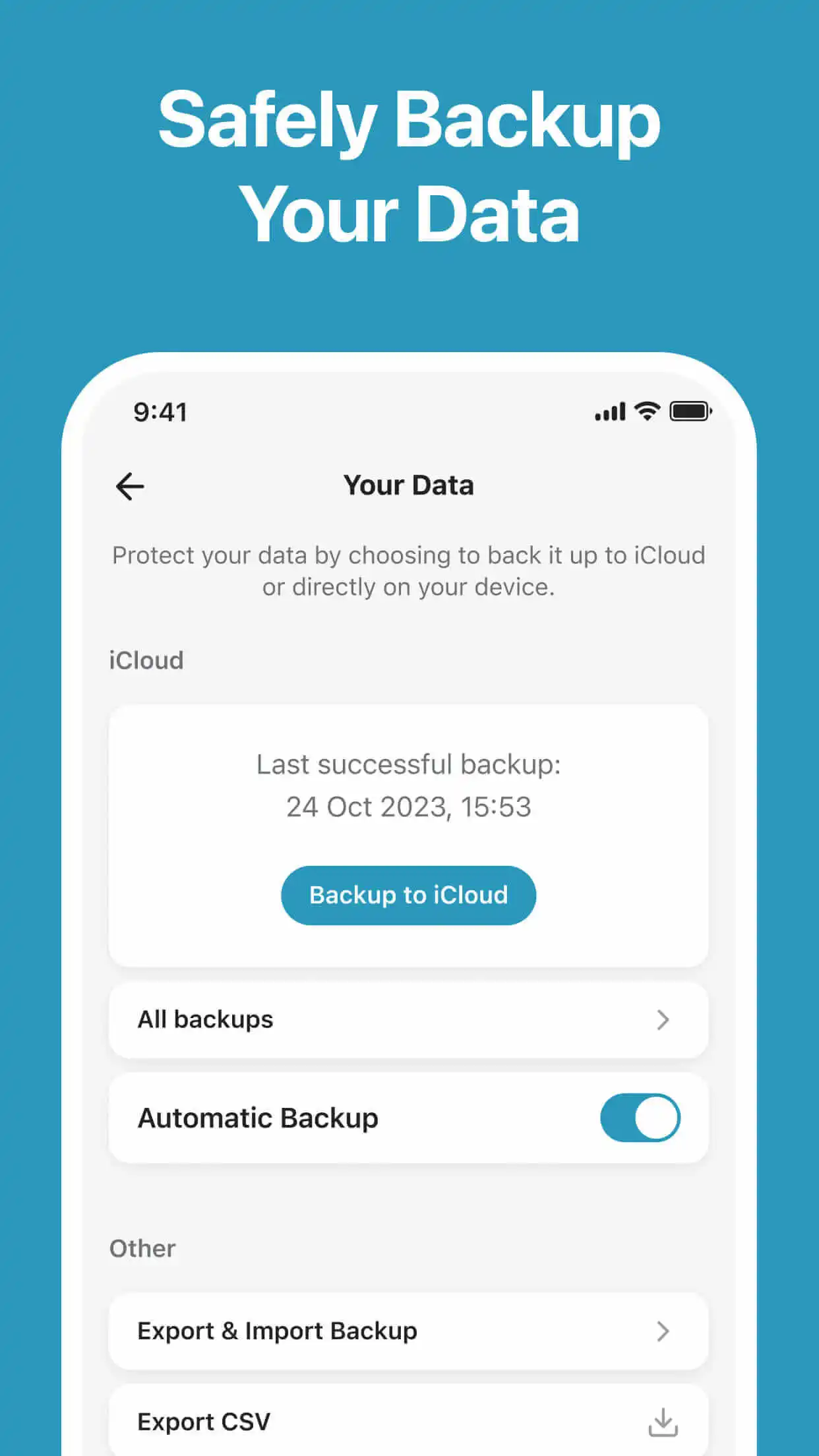 Emotly backup settings screen showing iCloud and local backup options